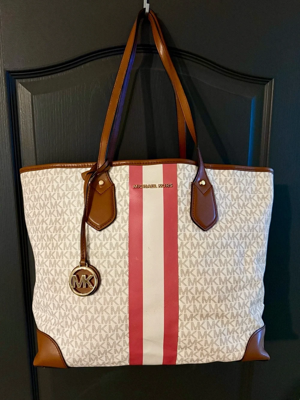 Michael Kors Cream Tote with Pink Stripe and Brown Trim